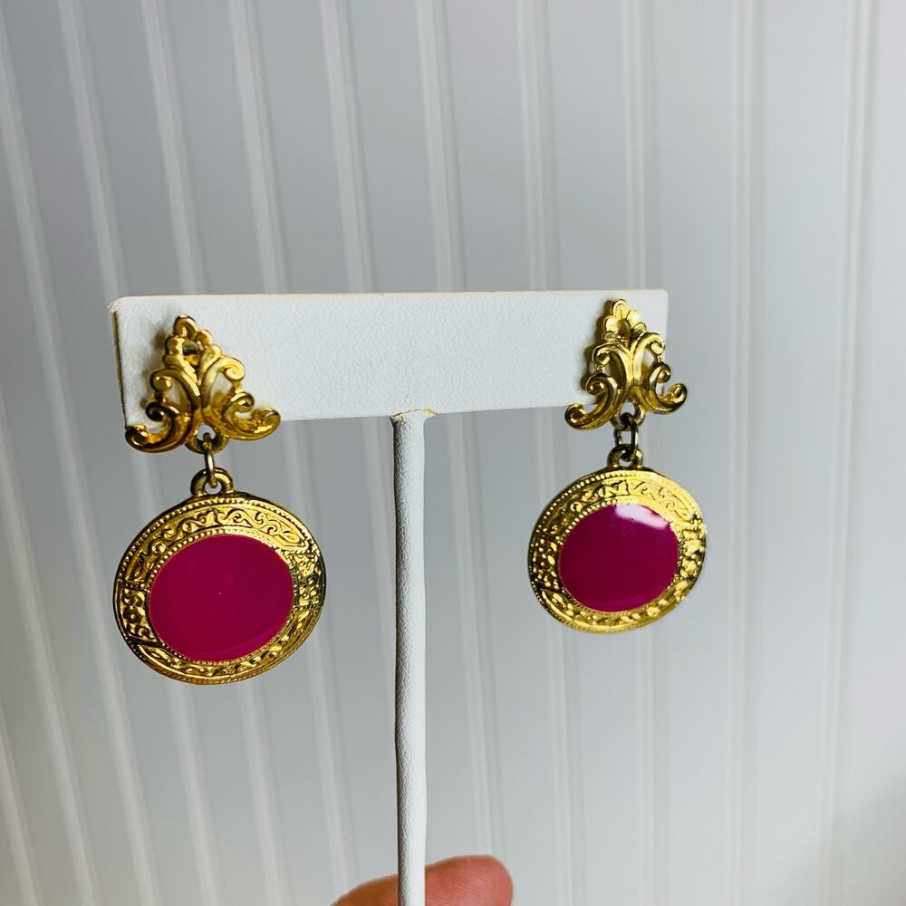 Gold Pink Enamel Drop Earrings 1 3/4" drop
